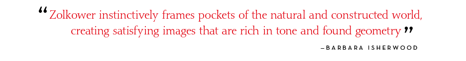 Zolkower instinctively frames pockets of the natural and constructed world, creating satisfying images that are rich in tone and found geometry. - Barbara Isherwood